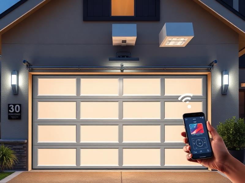 Smart garage door system with smartphone control and WiFi connectivity on modern home