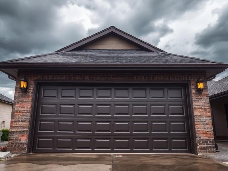 Reinforced garage door prepared for storm season with dark stormy sky in background
